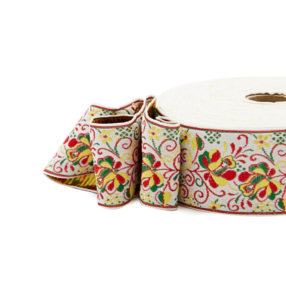 Лента (тесьма) жаккардовая 50.0 мм / 25±1 метров, рис. 9568 Гжель, (1 белый/желтый/красный/зеленый) С3379Г17