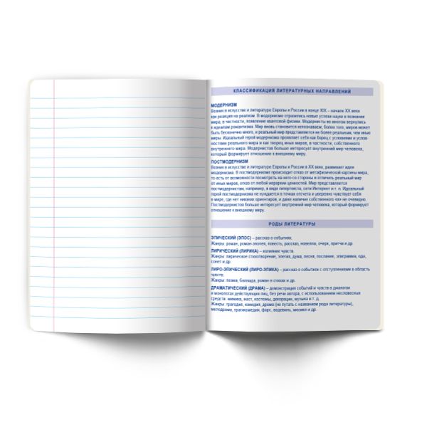 Тетрадь со справ.материал. Яркость по расписанию с запечат. пластик.обл. 320мкм, A5 48 л. на скобе 65 г/м², белизна 100% 10 шт, линия, 01869 Яркость по расписанию Литература, Светоч Т289