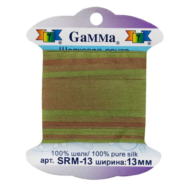 Лента (тесьма) шелковая 13.0 мм / 9.1±0.5 метров, M133 св.зеленый/коричневый, Gamma SRM-13