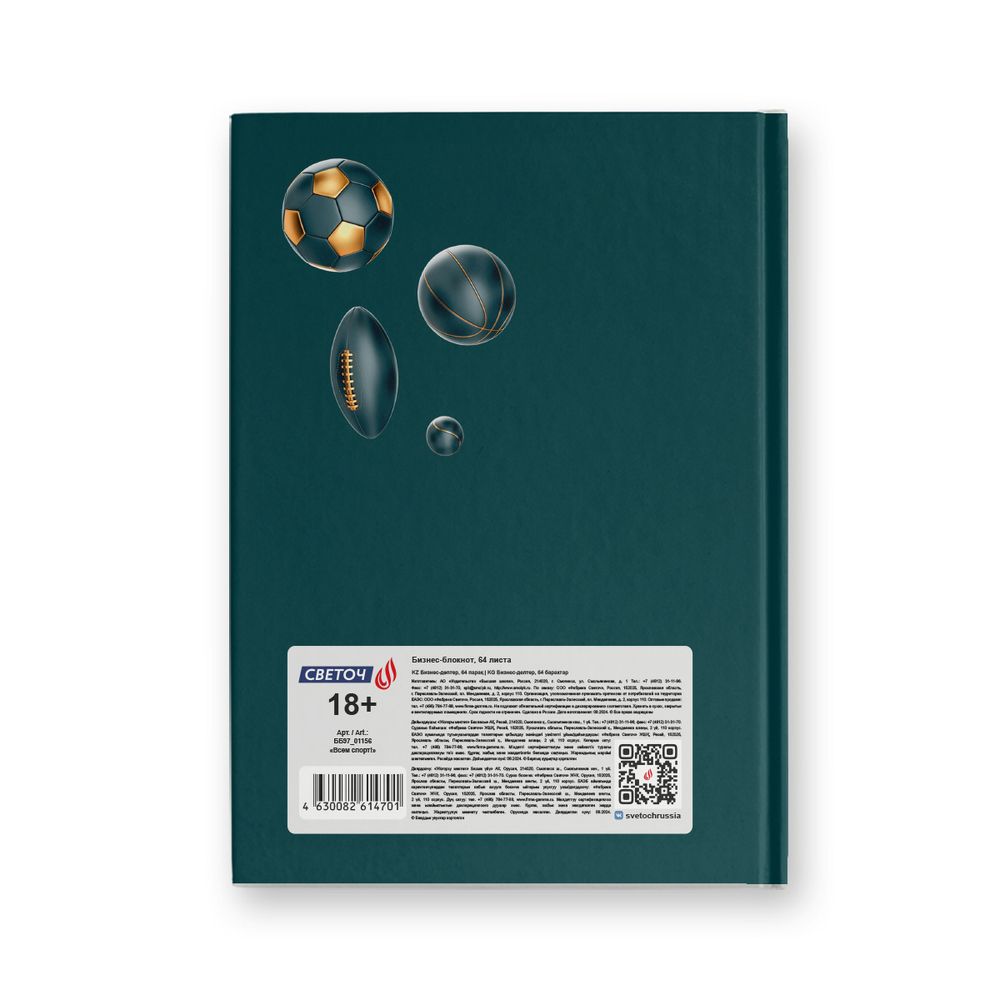 Бизнес-блокнот, мат. лам. + тис. золотой фольгой, тониров. блок, евроформат 64 л. 24 шт, французская клетка, Всем спорт! 01156, Светоч ББ97