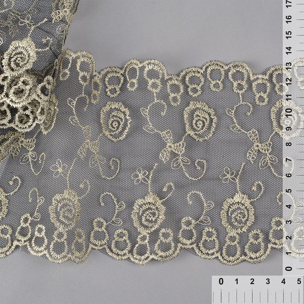 Кружево на сетке широкое 135 мм, диз. 204, цв.желтый/черный уп. 14,63 м, Kruzhevo