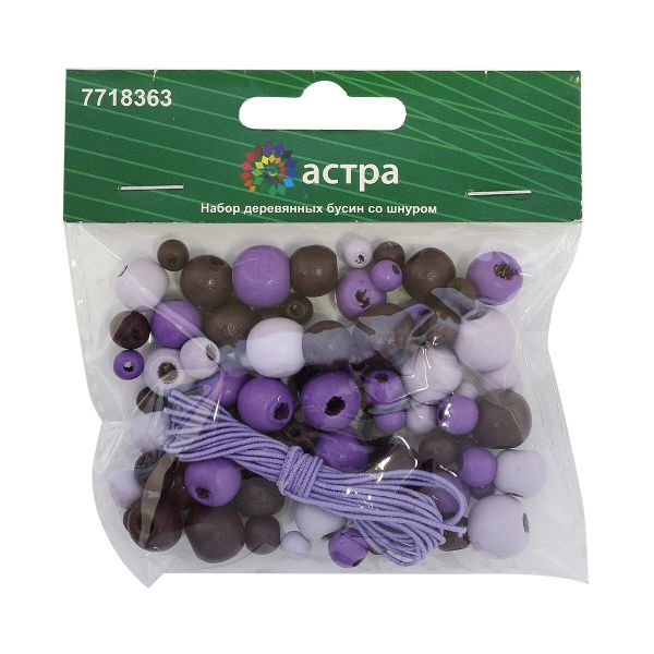 Бусины дерево набор со шнуром 6, 8, 10, 12 мм, фиолетовый микс, 21 г, 90 шт/упак, Astra&Craft, 160817