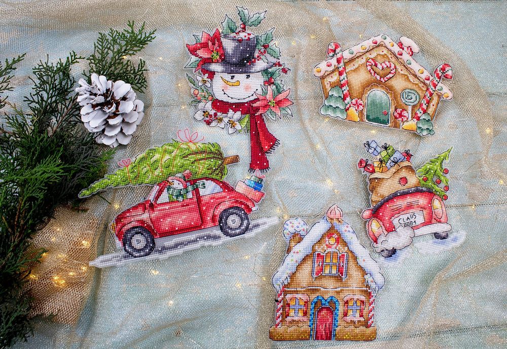 Набор для вышивания нитками LetiStitch, Набор новогодних игрушек, 16х16 см
