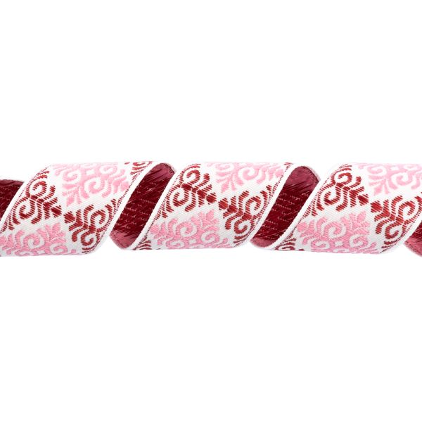 Лента (тесьма) жаккардовая 32.0 мм / 25 метров, Орнамент для северных народов, рис 9788 белый-бордовый-розовый, Gamma С3774