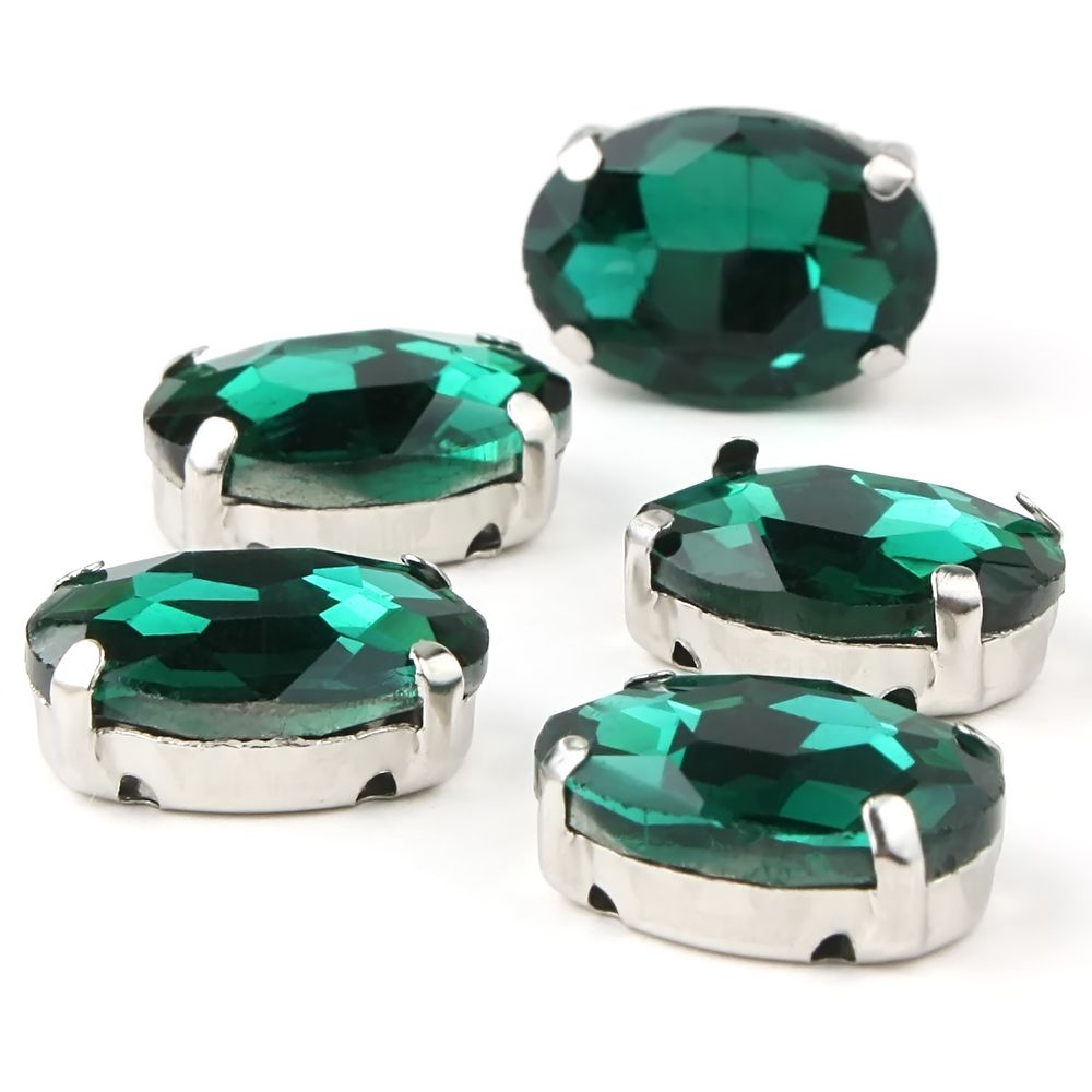 Хрустальные стразы в цапах овальной формы, изумрудный 10х14 мм, 5 шт., ОЦ009НН1014