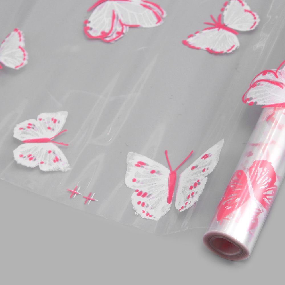Пленка прозрачная двухцветная с рисунком Бабочки бело-розовая 70см / 9,14м ± 5%