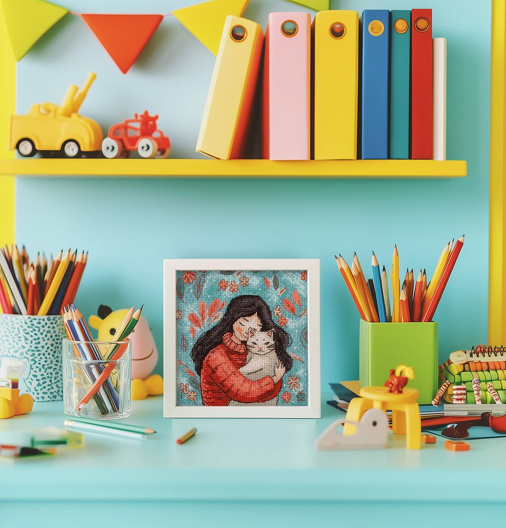 Набор для вышивания нитками Klart 8-559, Девушка с котом, 12х13 см