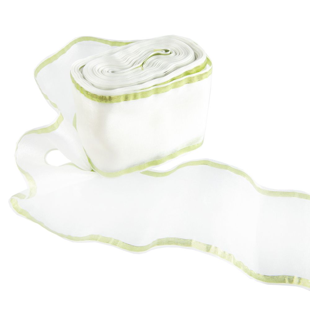 Лента капроновая для бантов 75 мм, / 25 метров, с метал. кромкой, белый/ салатовый, Gamma С 3502 с метал. кромкой