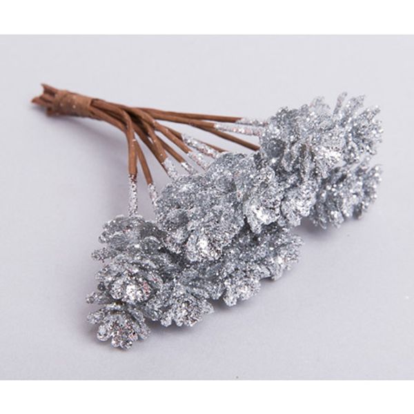 Шишки на проволоке с глиттером 2х2х10см, серебряный, 12 шт, 95216