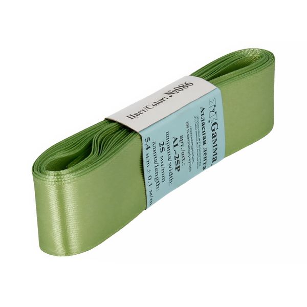 Лента атласная 1-сторонняя 25.0 мм / 5 шт по 5.4 метра, №086 серо-зеленый, Gamma AL-25P