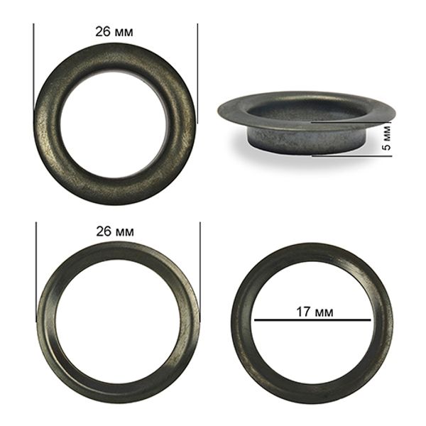 Люверсы металл ⌀17.0 мм (внутр.), внешн. ⌀26 мм (внутр.), h5 мм (внутр.), сталь, цв. оксид, 10 шт, TBY
