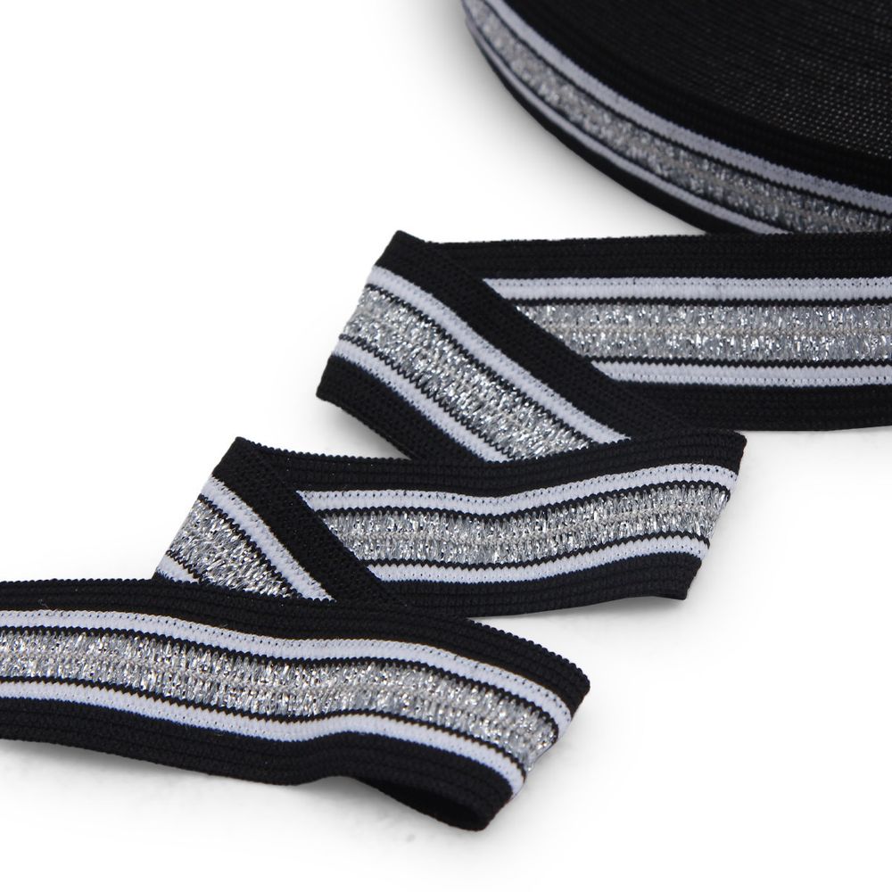 Тесьма лампасная эластичная 20.0 мм / 25 метров, черный/серебро