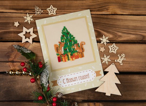 Набор для вышивания нитками Panna, Живая картина Открытка. Бельчата, 9.5х8 см