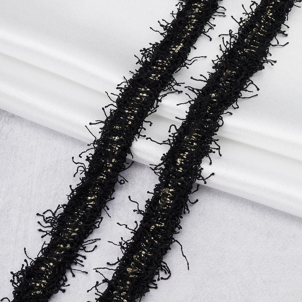 Тесьма отделочная твидовая 25 мм / 41.14 метра, с люрексом, черный/золото, 3Al280