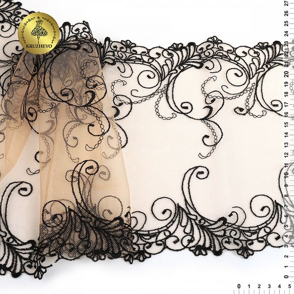 Кружево на сетке (вышитое) арт.T104 220мм цв.черный+телесный уп.6.5м, Kruzhevo