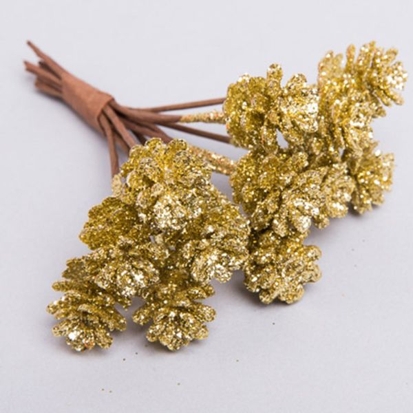 Шишки на проволоке с глиттером 2х2х10см, золотой, 12 шт, 95218
