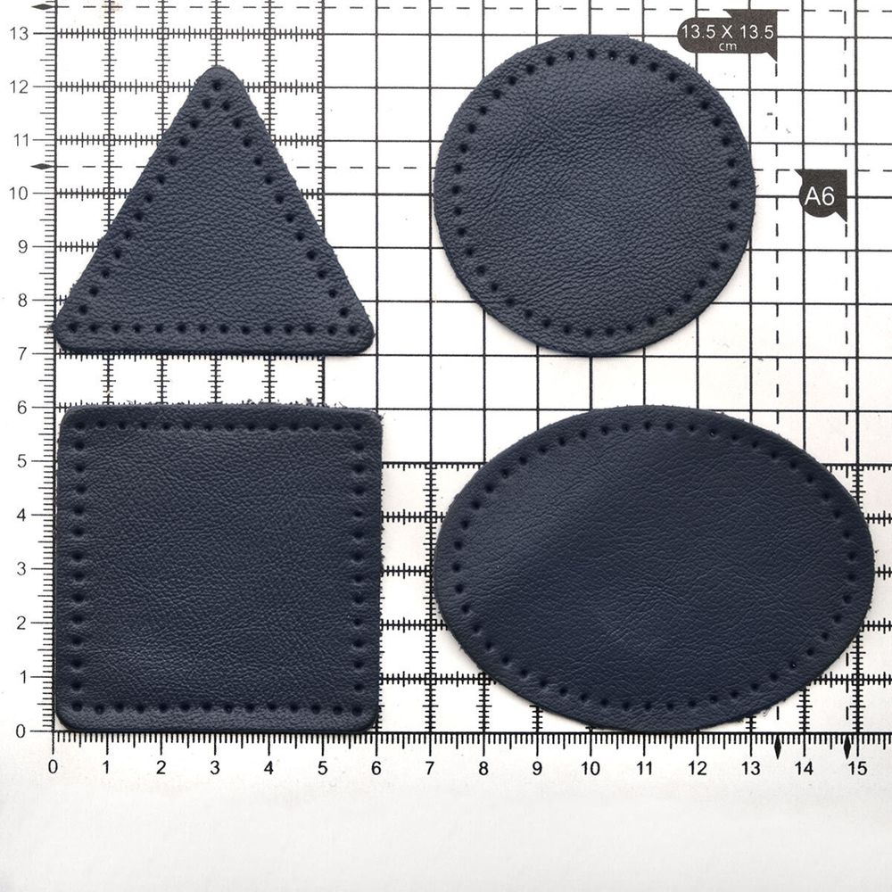 Набор заплаток пришивных из кожи, круг, квадрат, треугольник, овал 6см, с перфорацией, 4 шт (05 темно-синий), 9723