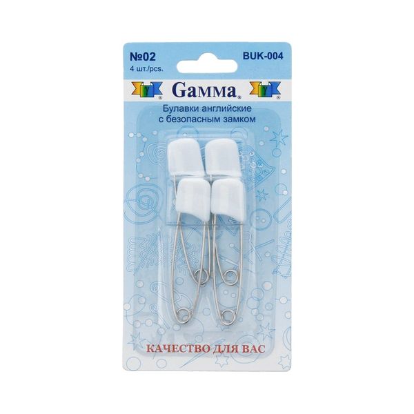 Булавки английские безопасные 53 мм, 4 шт, 02 белый, Gamma BUK-004