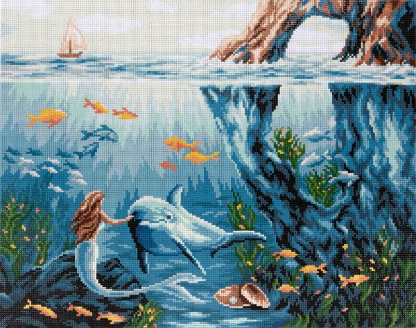 Алмазная (кристальная) мозаика Фрея ALPD-134, на подрамнике Русалка и дельфин, 50х40 см