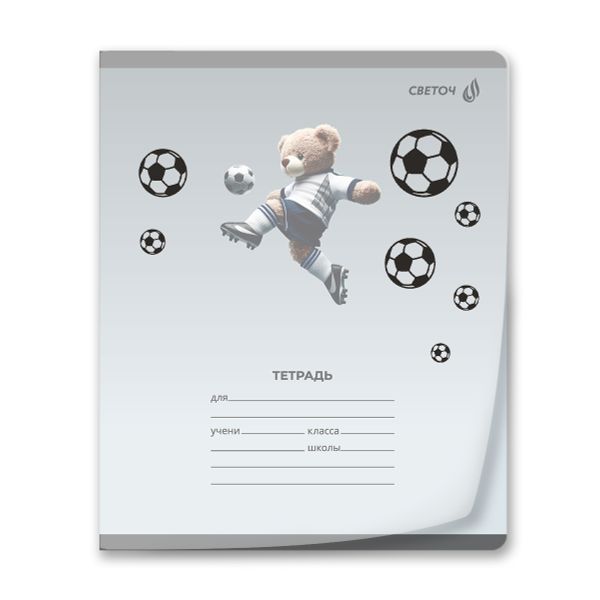 Тетрадь ученическая школьная пластик. обложкой 180 мкм. с трафарет. печатью, цвет.запечат.титул лист A5 12 л. на скобе 65 г/м², белизна 100% 25 шт клетка, 01391 Футбол, Светоч Т68