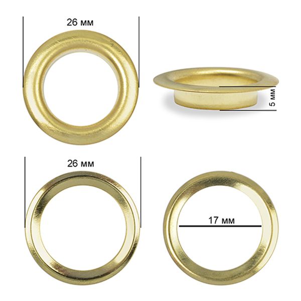 Люверсы металл ⌀17.0 мм (внутр.), внешн. ⌀26 мм (внутр.), h5 мм (внутр.), сталь, цв. золото, 10 шт, TBY