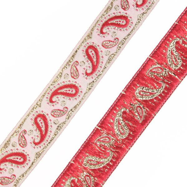 Лента (тесьма) жаккардовая 22.0 мм / 10±0.5 метров, Пейсли, 22807 белый/красный/золото