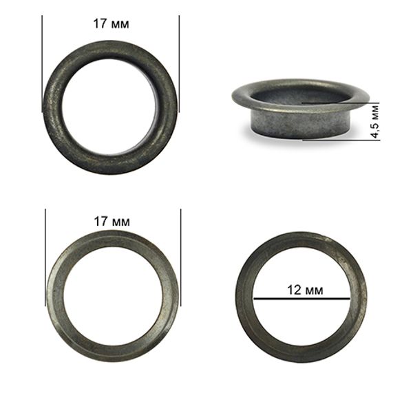 Люверсы металл ⌀12.0 мм (внутр.), внешн. ⌀17.0 мм (внутр.), h4.5 мм (внутр.), №26, сталь, цв.оксид, 250 шт, TBY
