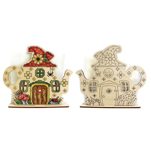 Набор для вышивания на деревянной основе Салфетница Сказочный дом 13х15см, О-045