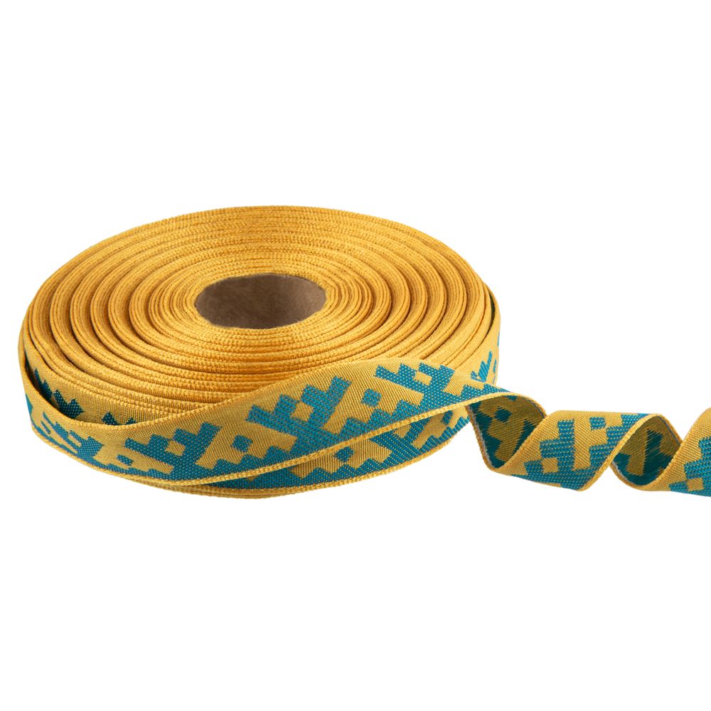 Лента (тесьма) жаккардовая 18.0 мм / 25 метров, Орнамент для северных народов, рис 6753 желтый-бирюзовый, Gamma С3771