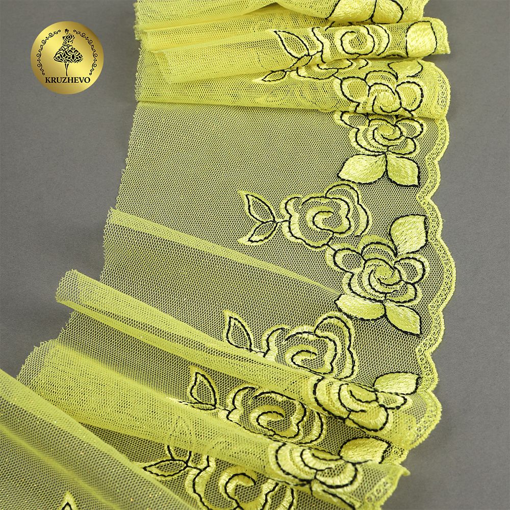 Кружево на сетке (вышитое) 135 мм, цв.желтый, правая, 6м, Kruzhevo