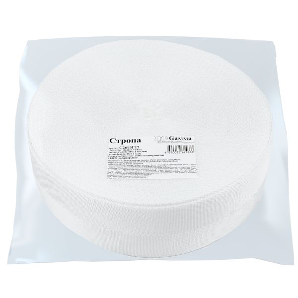 Стропа (ременная лента) 60 мм / 25 метров, толщ. 1.19 мм, [28 г/пог.м], 100% п/п, белый, Gamma С2693Г17