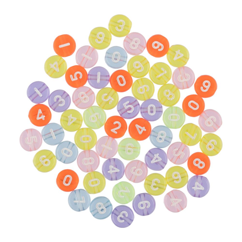 Бусины пластик 4х7 мм, 500 шт (10х50 шт), №02 прозрачные/цветные цифры, Hobbius ABFF