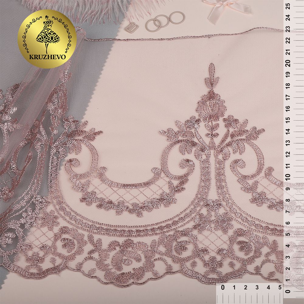 Кружево на сетке широкое 230 мм, диз. 232, цв.6615 розовая пудра уп. 13.71 м, Kruzhevo