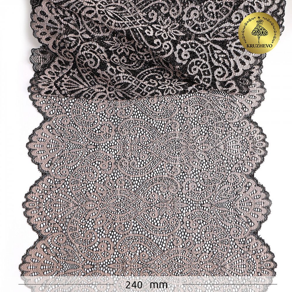 Кружево бельевое эластичное 240 мм / 25 м, 40992, цв.168 серебристый пион+черный, Kruzhevo