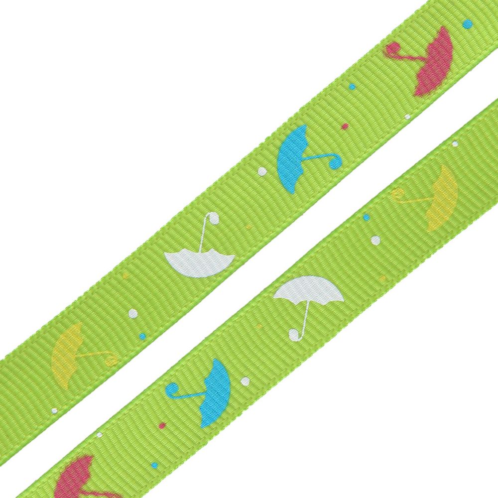 Лента репсовая (в рубчик) Зонтики, 10 мм, 3м, зеленый