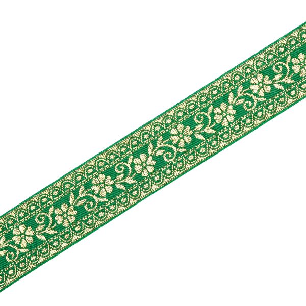 Лента (тесьма) жаккардовая 32.0 мм / 25±1 метров, с метанитом рис. 9842, зеленый/золото, С3104Г17