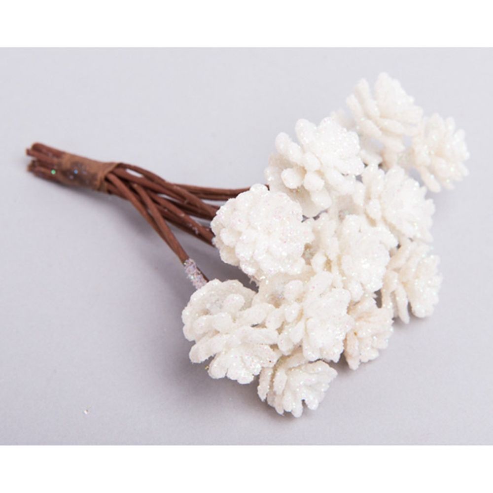 Шишки на проволоке с глиттером 2х2х10см, белый, 12 шт, 95215