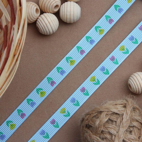 Лента репсовая (в рубчик) Тюльпаны, 10 мм, 3м, голубой