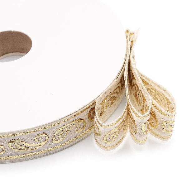 Тесьма декоративная металлизированная Пейсли 15 мм / 25 метров, 15006 белый/золото