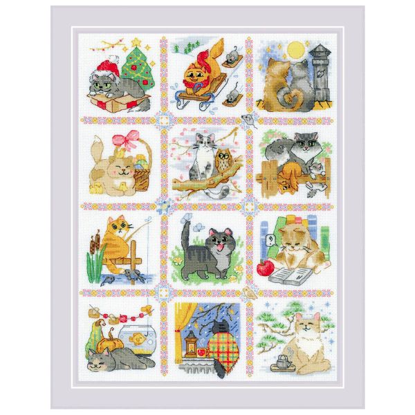 Набор для вышивания нитками Риолис, Кошачий календарь 30х40 см, 626176