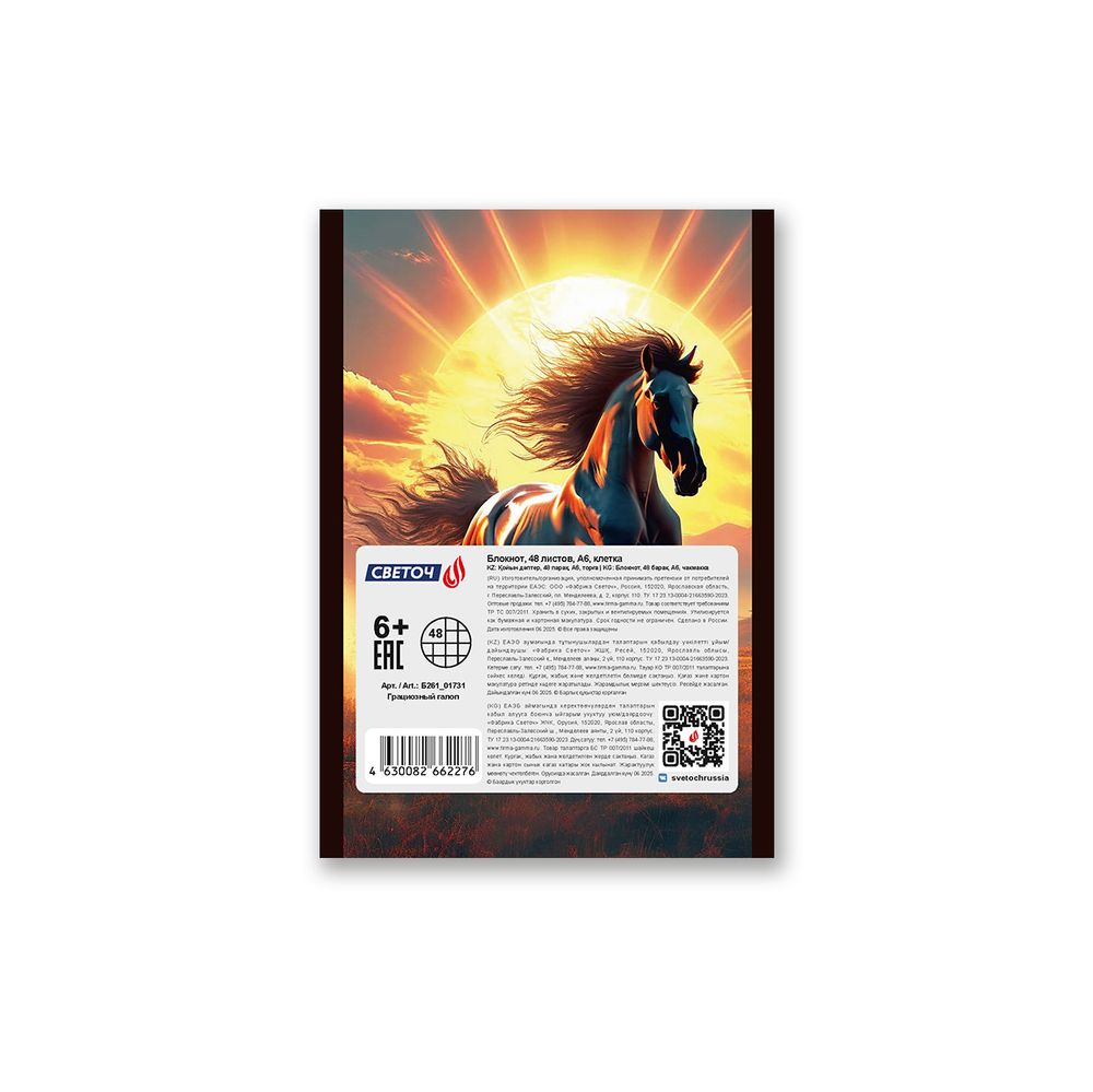 Блокнот на скобе, A6 48 л. 10 шт клетка, Грациозный галоп 01731, Б261 Светоч