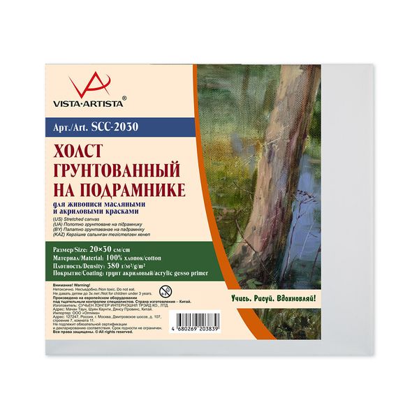 Холст на подрамнике грунтованный 20х30 см, 380 г/м², 2 шт, среднезернистый, Vista-Artista SCC-2030