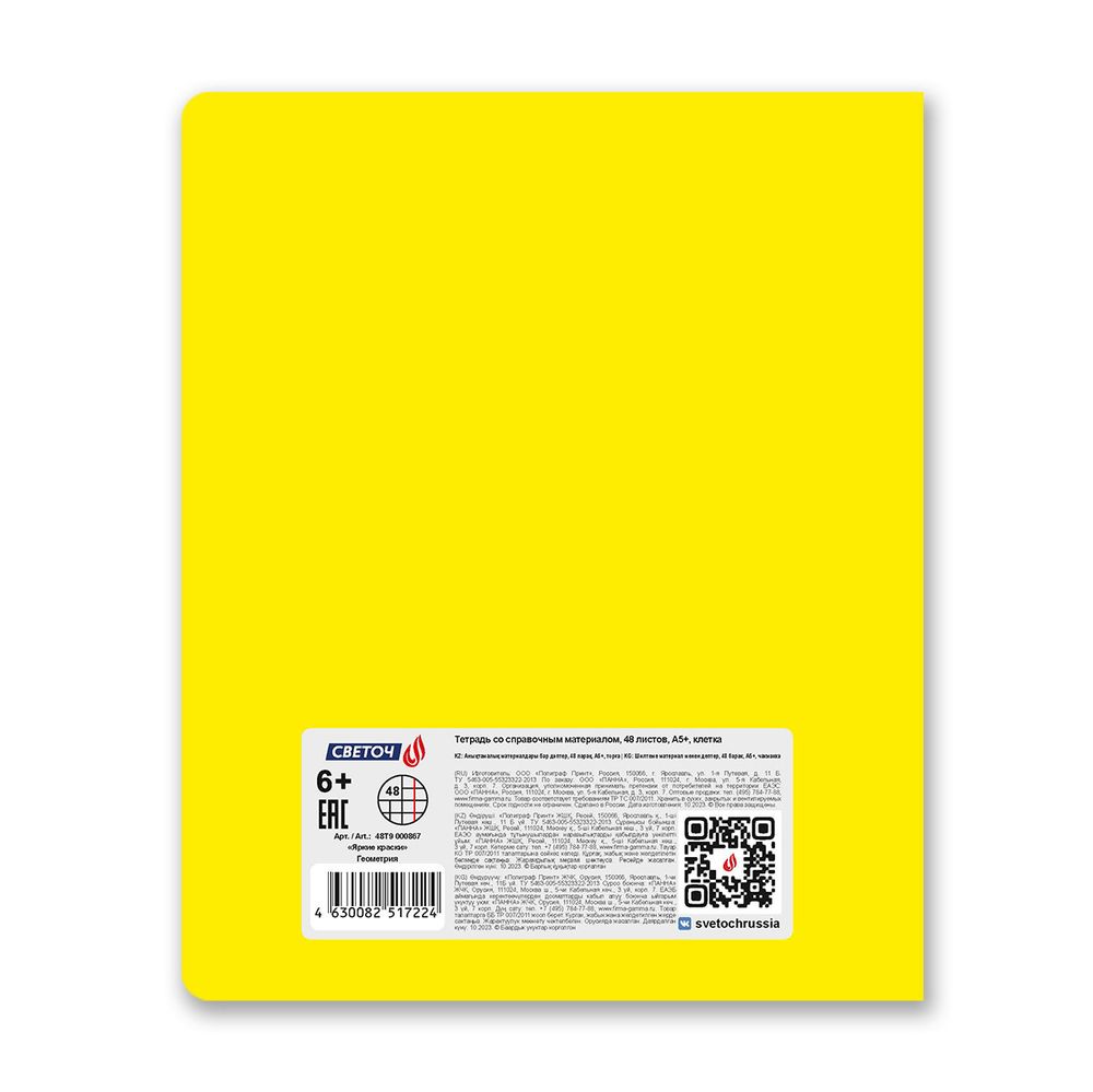 Тетрадь со справочным материалом Яркие краски, матовая ламинация +выбор. лак, A5+ 48 л. на скобе 65 г/м², белизна 100%, 10 шт, клетка, 00867 Геометрия, Светоч 48Т9