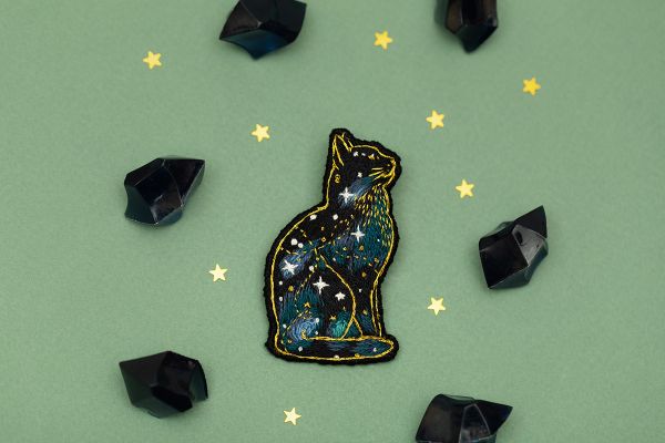 Набор для вышивания нитками Panna Живая картина JK-2274, Брошь. Космическая кошка, 3.5х6 см