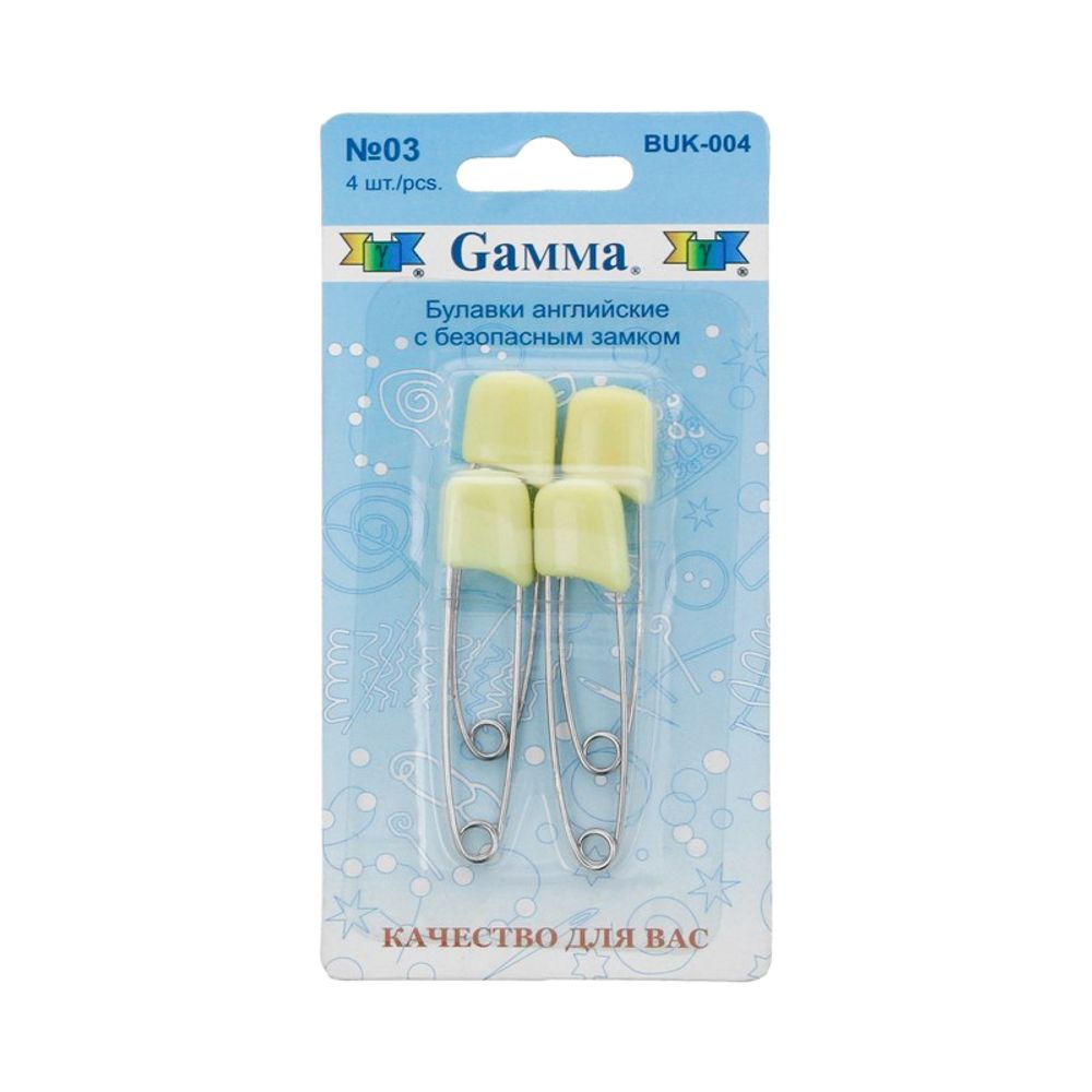 Булавки английские безопасные 53 мм, 4 шт, 03 желтый, Gamma BUK-004