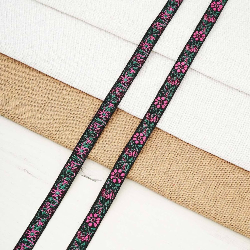 Лента (тесьма) жаккардовая 10.0 мм / 20.12 метра, черный/цикламен, 1172