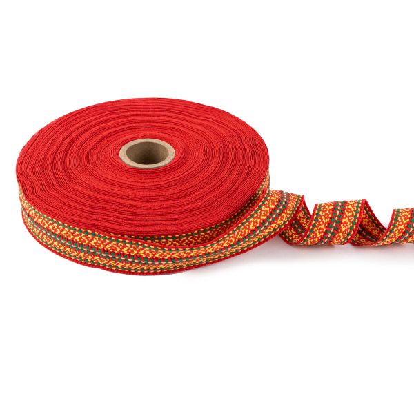 Лента (тесьма) жаккардовая 30.0 мм / 25±1 метров, Орнамент для северных народов, рис 9871 №3 красн/желт/зеленый, Gamma C3881