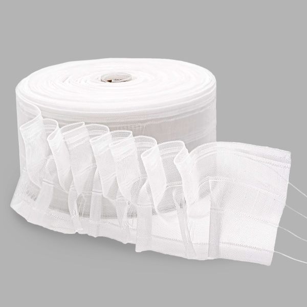 Лента (тесьма) шторная: сборка буфы (1:4) 100 мм / 50 метров, (2 ряда петель, 4 шнура), для крючков и трубы, прозр., 1041-О