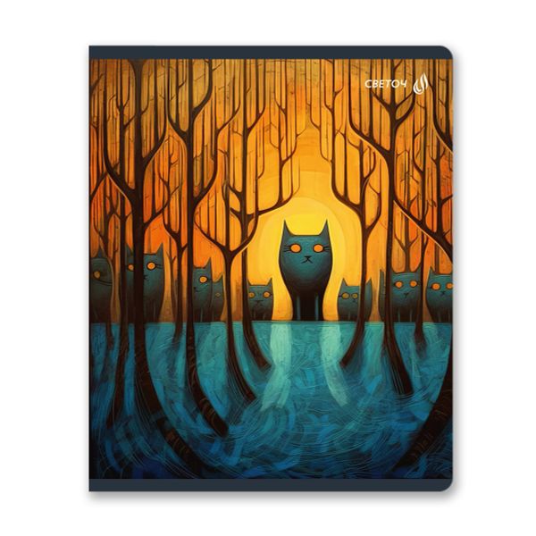 Тетрадь ученическая общая, матовый сплошной лак+запечат.форзац+титул лист A5+ 48 л. на скобе 65 г/м², белизна 100 %, 10 шт, клетка, 01122 Загадочные коты, Светоч Т76