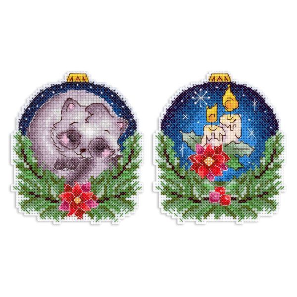 Набор для вышивания нитками МП Студия Р-1161, на пластиковой канве Новогодний шар с енотиком, 10х9 см